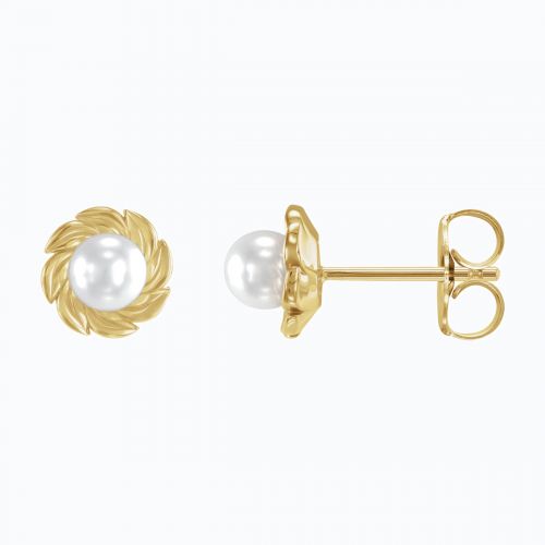 Leaf Motif Cultured Akoya Pearl Stud Earring, 14k Yellow Gold